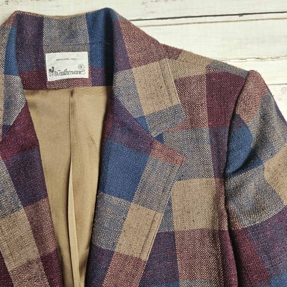 Vintage Weathervane Wool Blend Plaid Print Blazer Size‎ 8 Burgundy Blue Tan